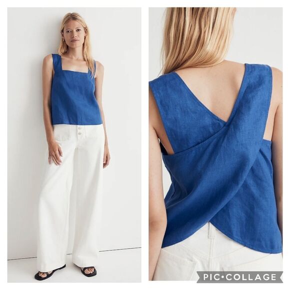 Madewell NWT Linen Crossback Top sz 0 in Bluestone - Picture 2 of 11